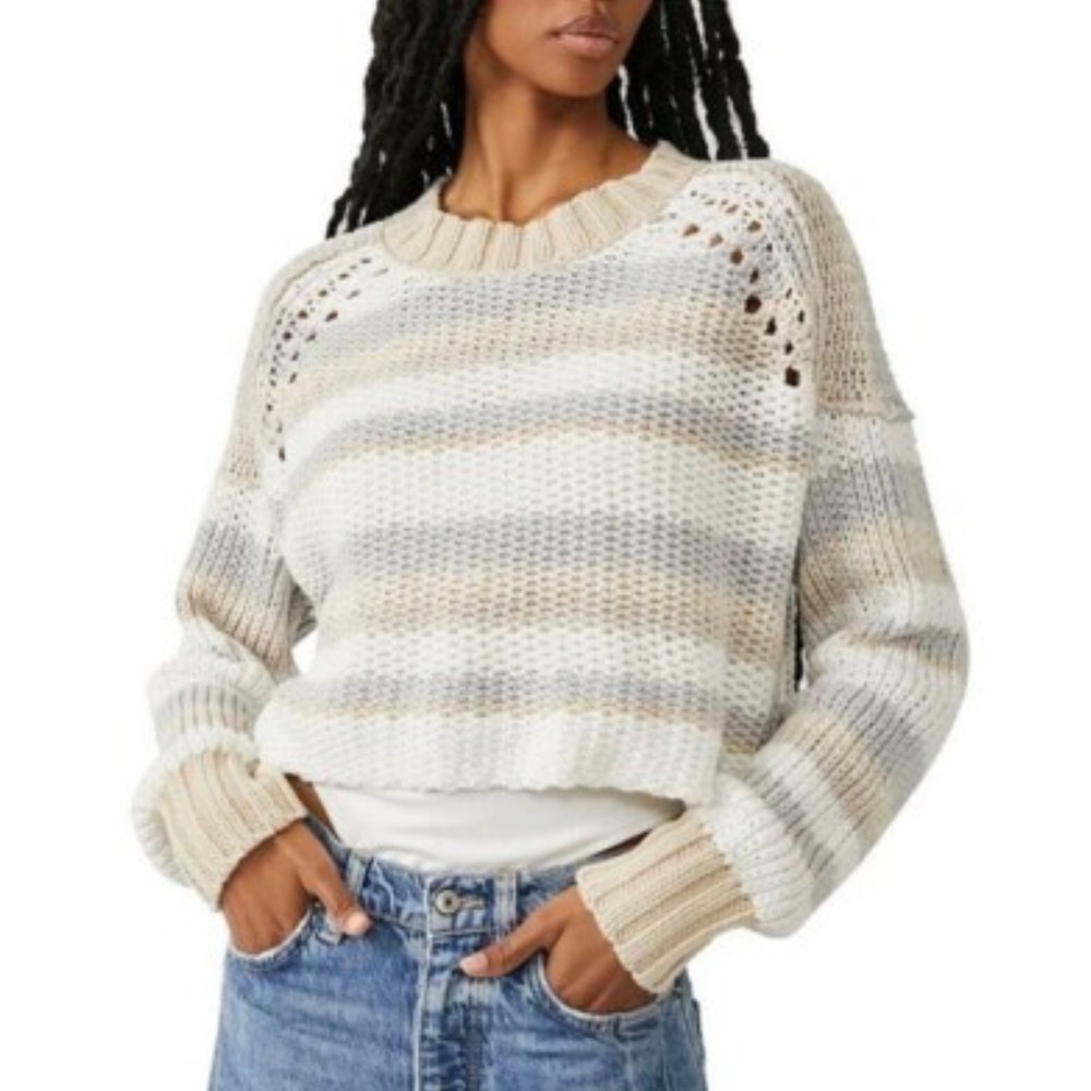 NWT Free People Devon Cropped Knit Sweater Pullover Beige Grey Oversized Cozy - Picture 7 of 7